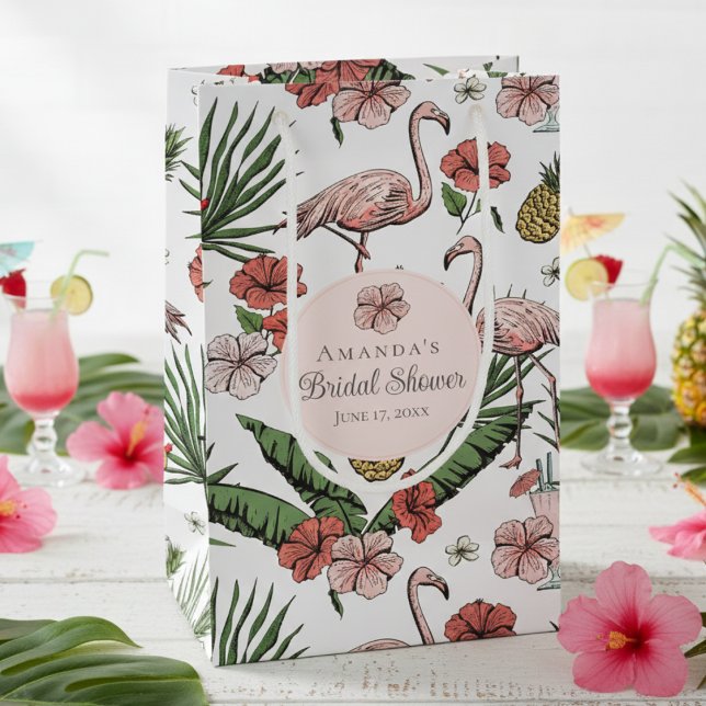 Tropical Pink Flamingo and Hibiscus Bridal Shower Small Gift Bag (Chic White Tropical Floral Pink Flamingo, Hibiscus Flowers & Banana Leaves Bridal Shower Gift Bags)