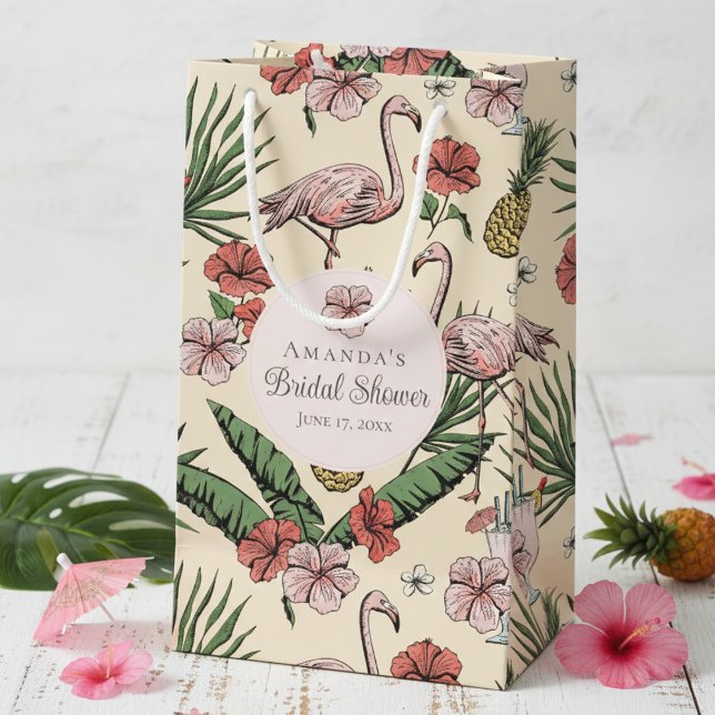Tropical Pink Flamingo and Hibiscus Bridal Shower Small Gift Bag (Chic Yellow Tropical Floral Pink Flamingo, Hibiscus Flowers & Banana Leaves Bridal Shower Gift Bags)