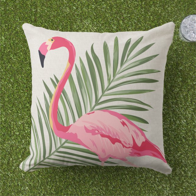 Tropical Pink Flamingo and Palm Leaves Cushion (Grass)