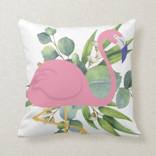Tropical Pink Flamingo and Palm Leaves Outdoor Cushion