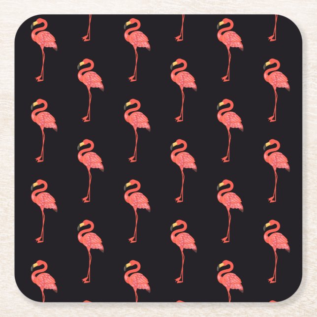 Tropical Pink Flamingo Animal Pattern Square Paper Coaster (Front)