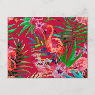 Tropical pink flamingo art postcard