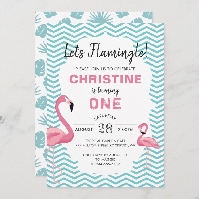 Tropical Pink Flamingo Beach Birthday Invitation (Front/Back)