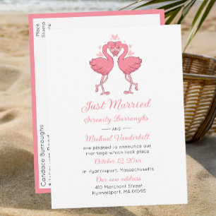 Tropical Pink Flamingo Beach Hawaiian Just Married Announcement Postcard