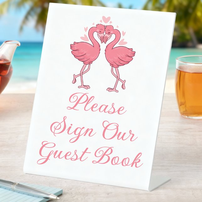 Tropical Pink Flamingo Beach Wedding Guest Book Pedestal Sign (Creator Uploaded)