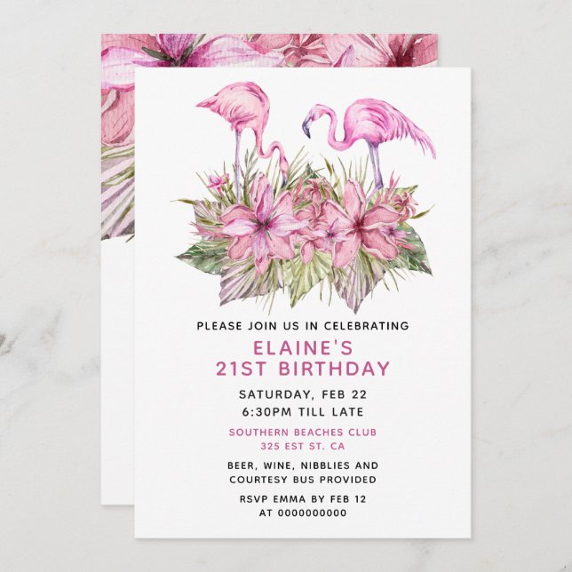 Tropical Pink Flamingo Birthday Party Invitation (Front/Back)