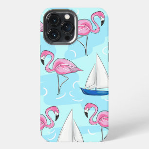 Tropical Pink Flamingo Blue Sailboat Preppy iPhone 13 Pro Max Case