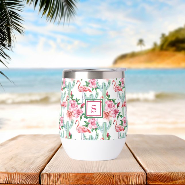 Tropical Pink Flamingo Cactus Roses Monogrammed (Beach)