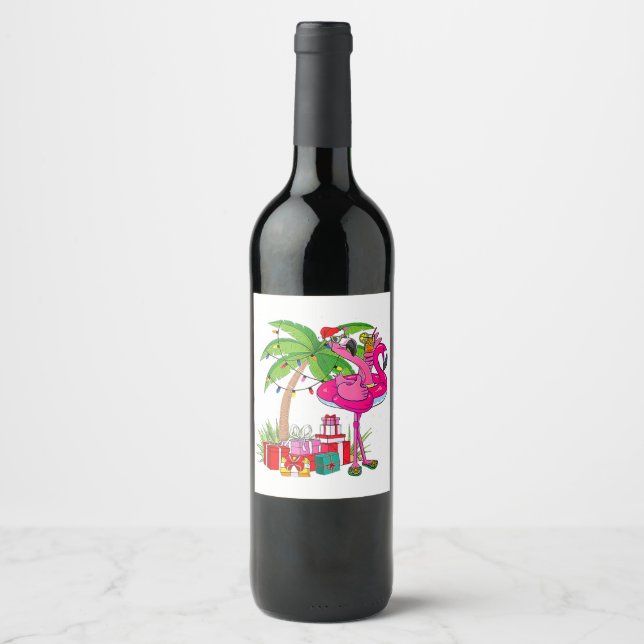 Tropical Pink Flamingo Christmas In July Summer Pa Wine Label (Front)