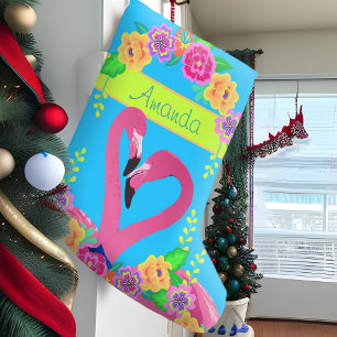 Tropical Pink Flamingo Colourful Florida Fun Moder Large Christmas Stocking
