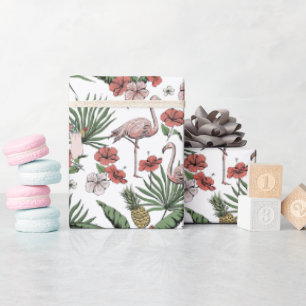 Tropical Pink Flamingo Coral Floral Pattern Wrapping Paper