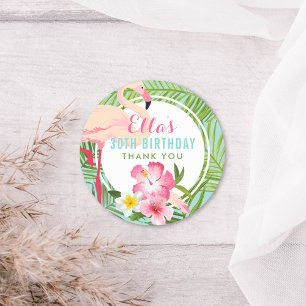 Tropical Pink Flamingo Floral Birthday Party Classic Round Sticker