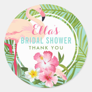 Tropical Pink Flamingo Floral Bridal Shower Classic Round Sticker