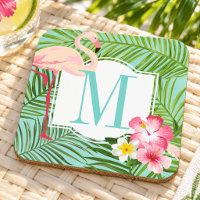 Tropical Pink Flamingo Floral Monogram Initial