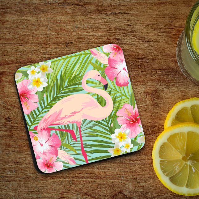 Tropical Pink Flamingo Floral Palm Leaves Coaster (Creator Uploaded)
