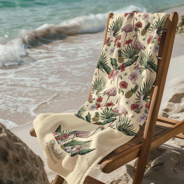 Tropical Pink Flamingo Floral Pattern Yellow Beach Towel (Tropical Pink Flamingo Bridesmaid Beach / Pool Towels. Flamingo, Hibiscus Flowers, Pineapple, Drinks)