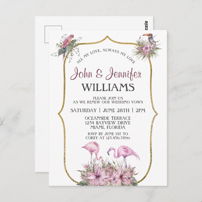 Tropical Pink Flamingo Gold Wedding Vow Renewal Postcard (Front/Back)