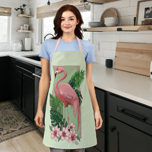Tropical Pink Flamingo Green Palm Leaves Lily Apron