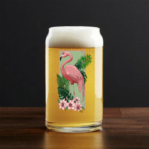 Tropical Pink Flamingo Green Palm Leaves Lily Can Glass
