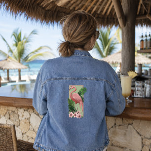 Tropical Pink Flamingo Green Palm Leaves Lily Denim Jacket