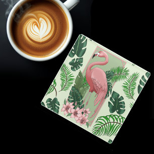 Tropical Pink Flamingo Green Palm  Leaves Lily Glass Coaster
