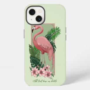 Tropical Pink Flamingo Green Palm Leaves Lily iPhone 13 Case