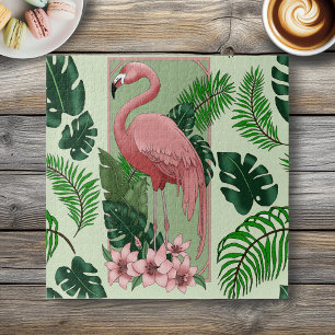 Tropical Pink Flamingo Green Palm Leaves Lily Jigsaw Puzzle