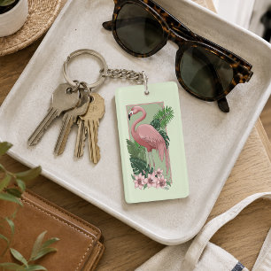 Tropical Pink Flamingo Green Palm Leaves Lily Key Ring