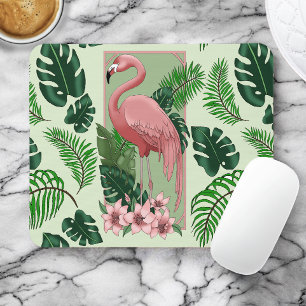 Tropical Pink Flamingo Green Palm Leaves Lily Mouse Pad