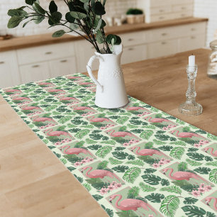 Tropical Pink Flamingo Green Palm Leaves Lily Short Table Runner