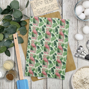 Tropical Pink Flamingo Green Palm Leaves Lily Tea Towel