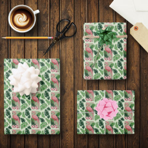 Tropical Pink Flamingo Green Palm Leaves Lily Wrapping Paper Sheet