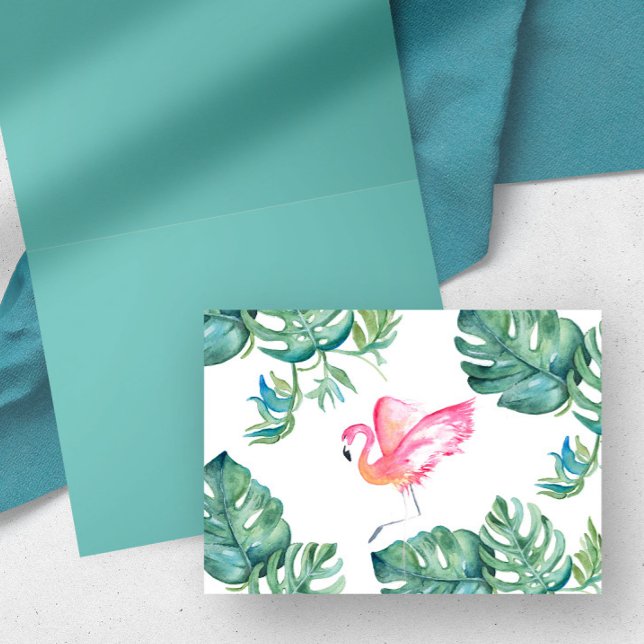 Tropical Pink Flamingo Greeting Card (tropical thank you cards watercolor pink flamingo & monstera leaf watercolor by Victoria Grigaliunas)