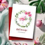 Tropical Pink Flamingo Greeting Card for Christmas<br><div class="desc">Send warm wishes from the shore with these beach Christmas cards featuring a whimsical pink flamingo surrounded by a festive wreath of tropical hibiscus blooms. This unique greeting card for Christmas showcases vibrant watercolor artwork and the cheerful phrase "Merry Beach-mas" in fun, beachy typography—perfect for capturing the spirit of a...</div>