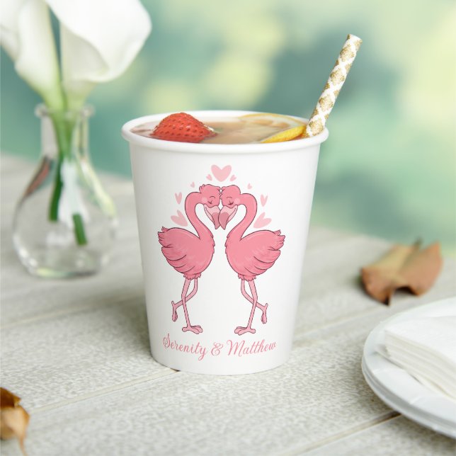 Tropical Pink Flamingo Hawaiian Beach Wedding Paper Cups (Insitu)