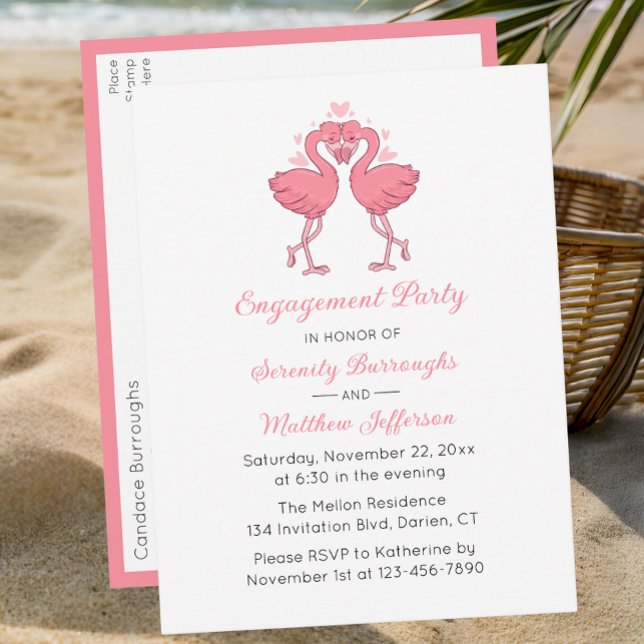 Tropical Pink Flamingo Hawaiian Engagement Party Invitation Postcard (Creator Uploaded)