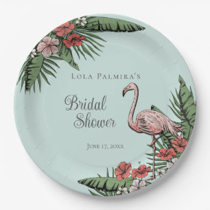 Tropical Pink Flamingo Hibiscus Bridal Shower Paper Plate
