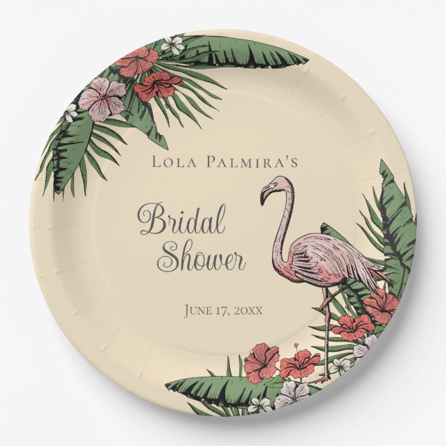 Tropical Pink Flamingo Hibiscus Bridal Shower Paper Plate (Front)