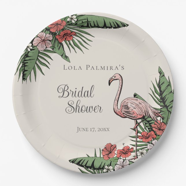Tropical Pink Flamingo Hibiscus Bridal Shower Paper Plate (Front)