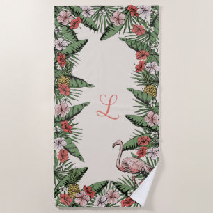 Tropical Pink Flamingo & Hibiscus Monogrammed Beach Towel