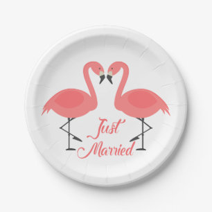 Tropical Pink Flamingo Just Married Wedding - Luau Paper Plate