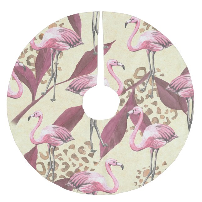 Tropical pink flamingo, leopard pattern. brushed polyester tree skirt (Front)