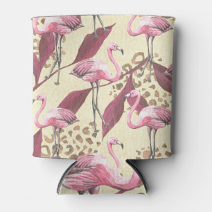 Tropical pink flamingo, leopard pattern. can cooler