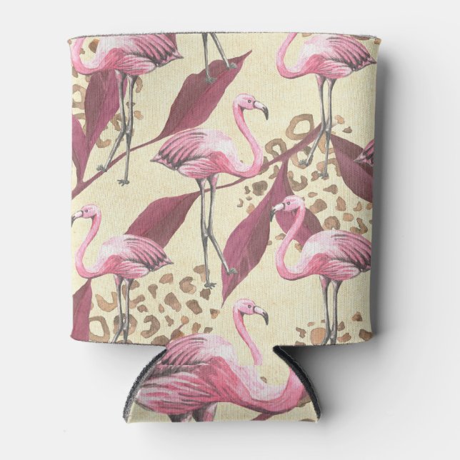 Tropical pink flamingo, leopard pattern. can cooler (Front)