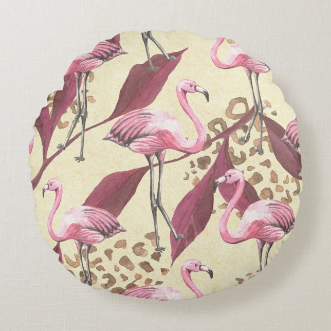 Tropical pink flamingo, leopard pattern. round cushion (Front)
