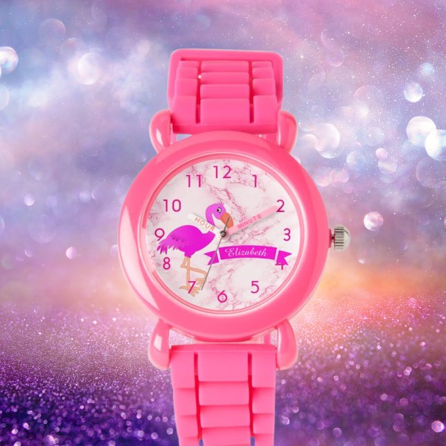 Tropical pink flamingo marble monogram name watch (Creator Uploaded)