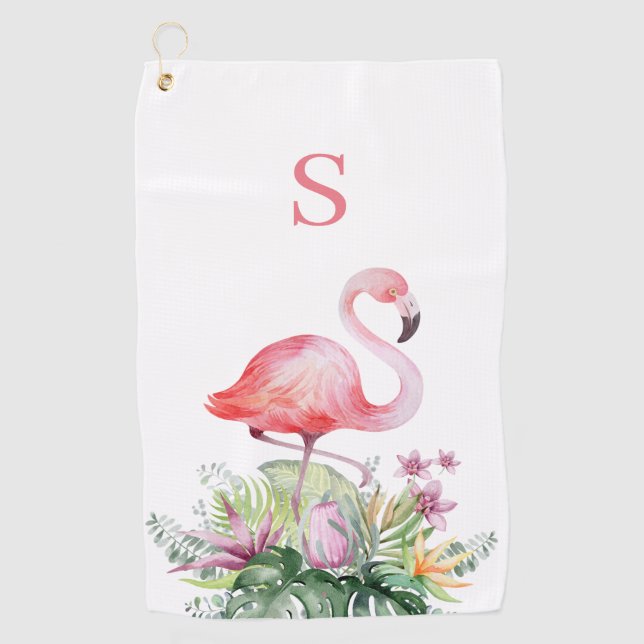 Tropical Pink Flamingo Monogram Golf Towel (Front)