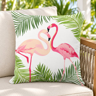 Tropical Pink Flamingo Pair Palm Frond Cushion