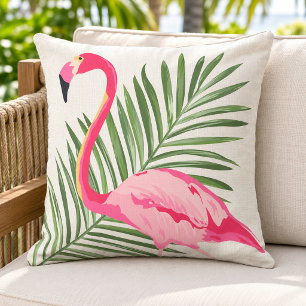 Tropical Pink Flamingo Palm Beige Linen Cushion