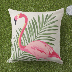Tropical Pink Flamingo Palm Beige Linen Cushion